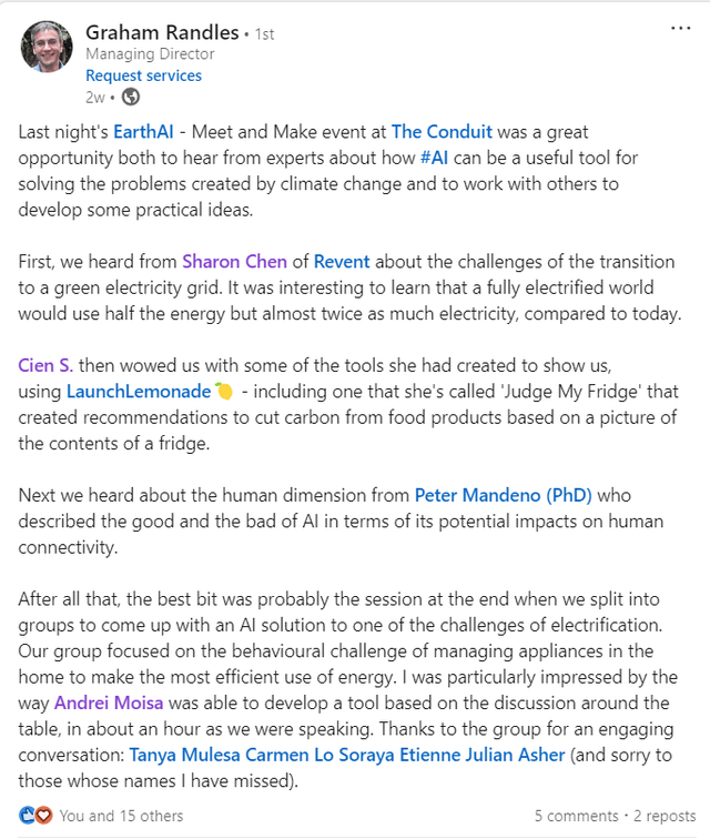 LinkedIn post about EarthAI London Event