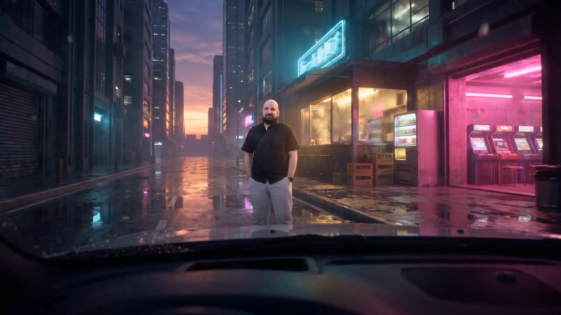 Andrei standing on the pavement by a noodle bar glowing pink and amber on a rain-slicked street.