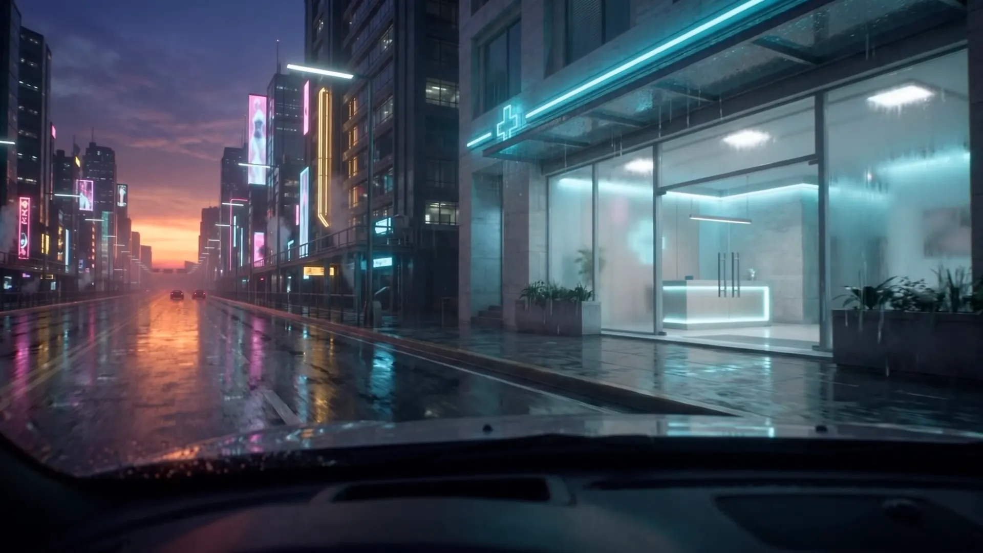 A lit clinic frontage behind glass on a wet street, a cyan cross above the door and planters along the kerb.