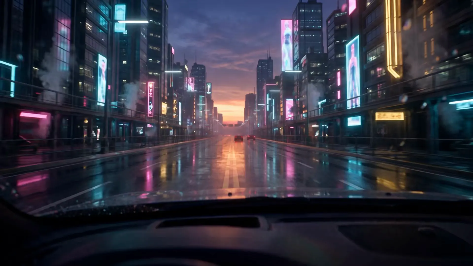 A wet city avenue at dusk seen through a car windscreen, neon signs down both sides converging on a low sun.
