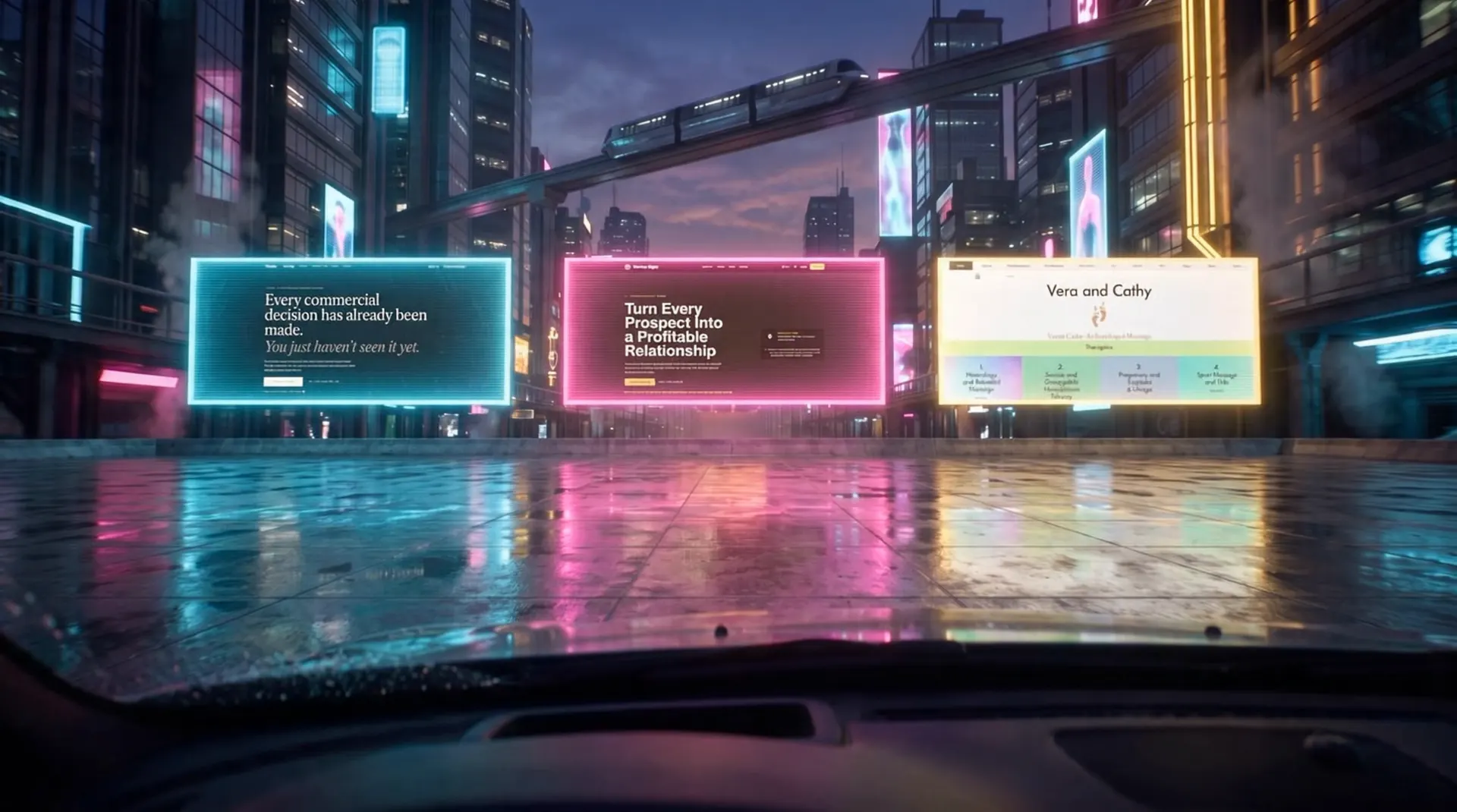 Three lit billboards across a plaza in cyan, magenta and gold, their light spread over standing water.