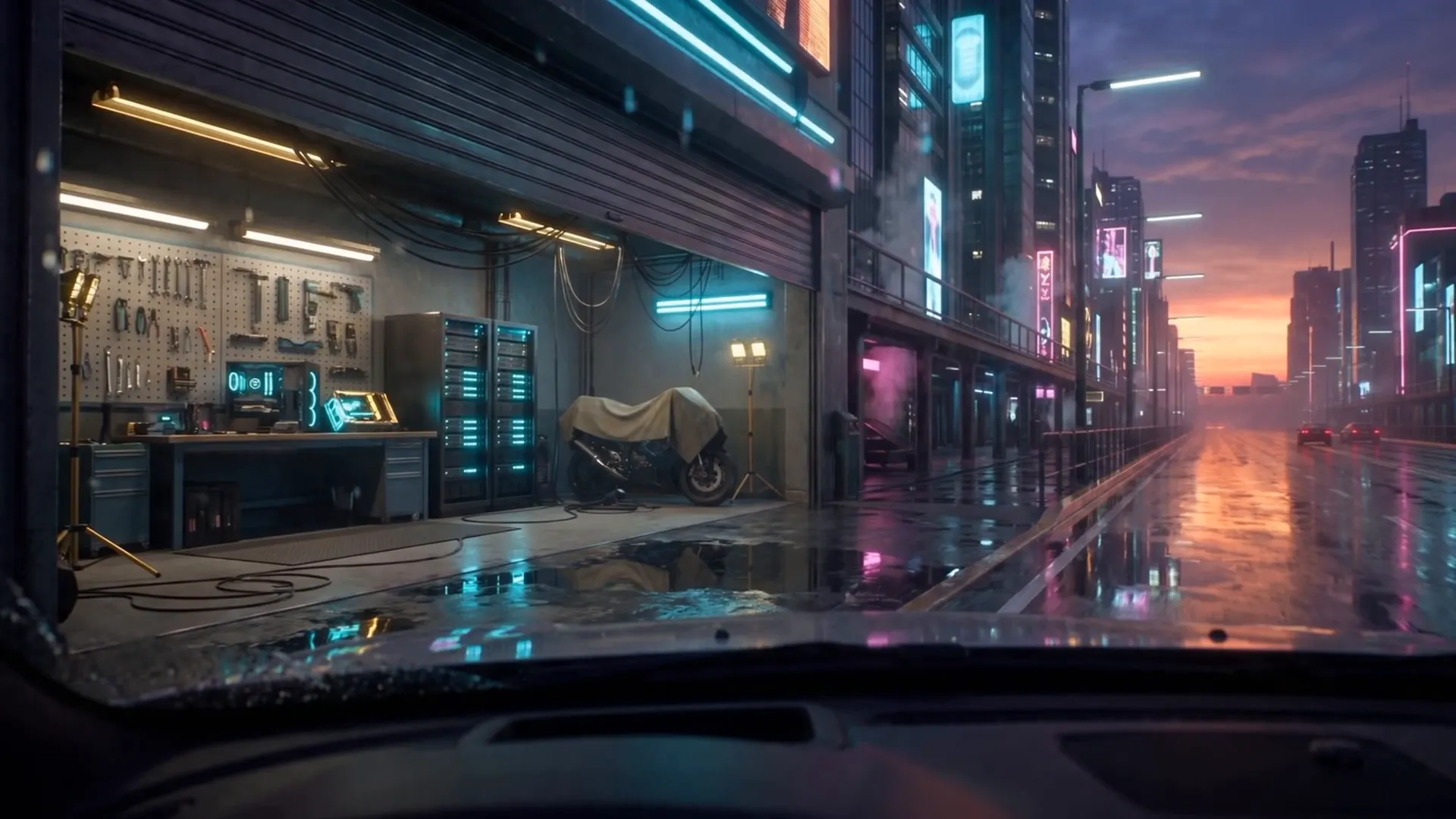 An open tuning garage with a lit workbench, hanging tools and a bike on the floor, the street reflecting outside.