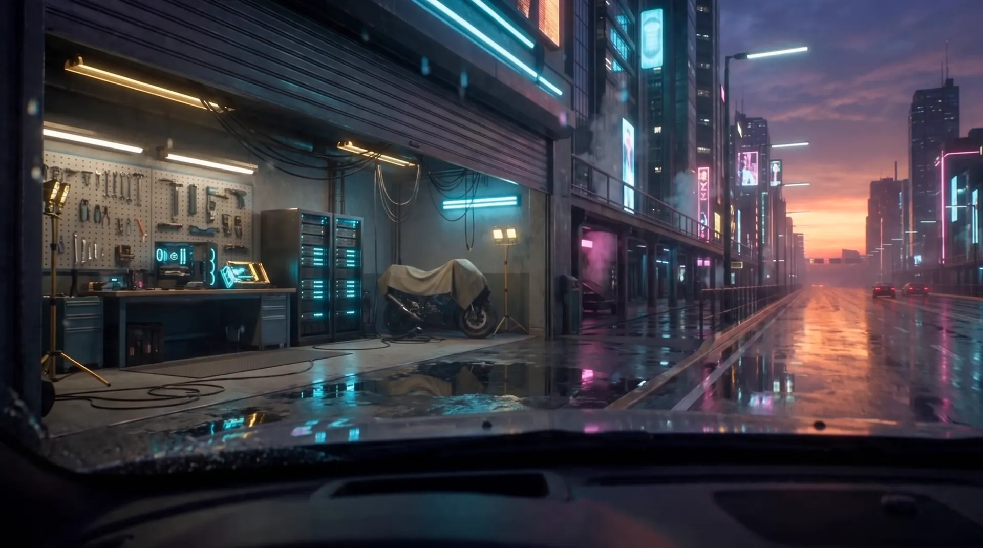 An open tuning garage with a lit workbench, hanging tools and a bike on the floor, the street reflecting outside.