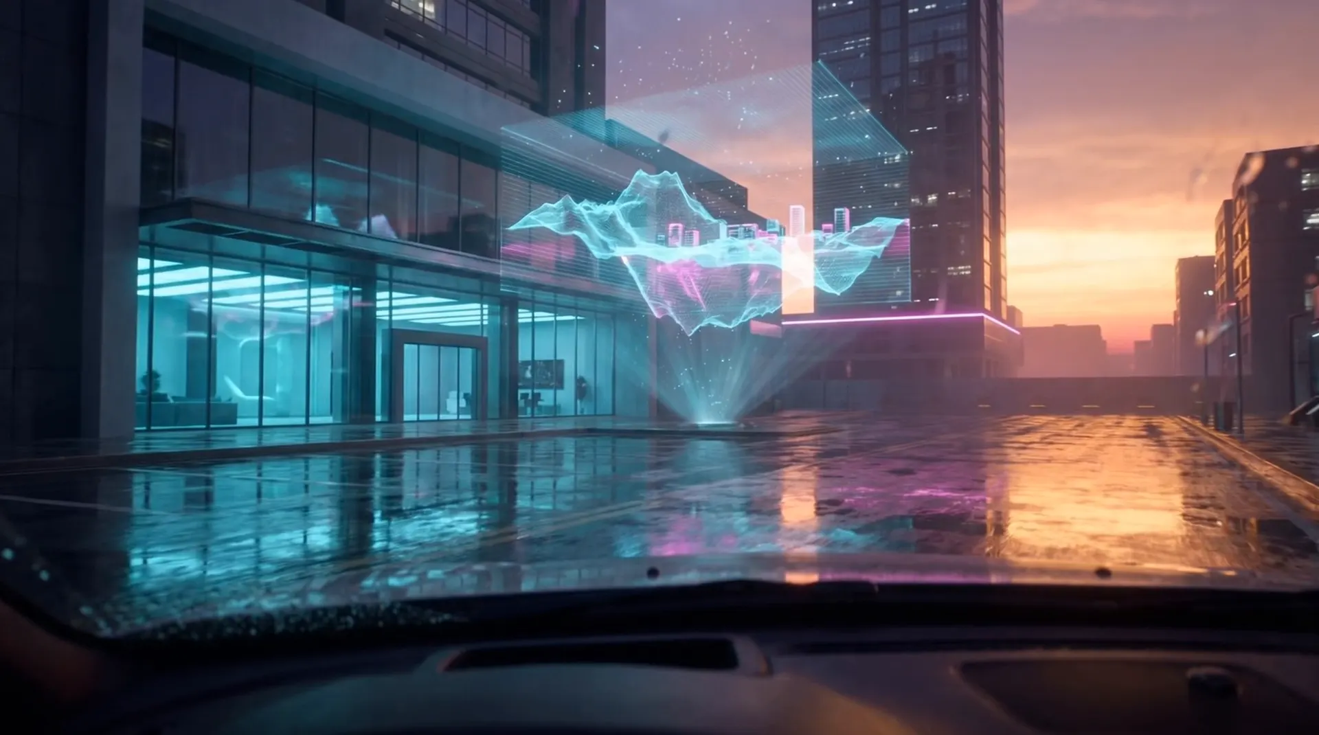 A glass studio frontage at dusk with a cyan holographic island turning above a plinth on the forecourt.