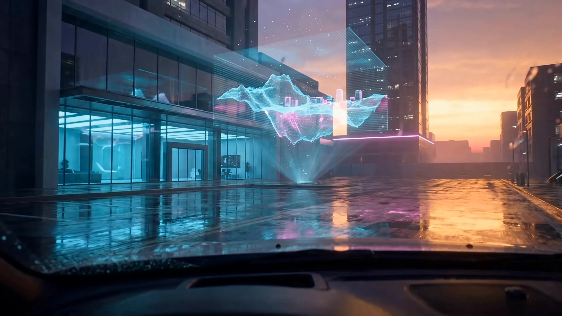A glass studio frontage at dusk with a cyan holographic island turning above a plinth on the forecourt.